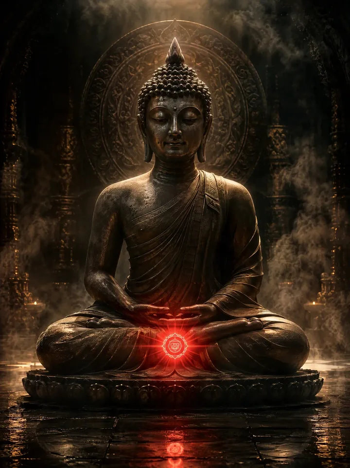 Statua di Buddha in meditazione, con il chakra della radice illuminato di rosso