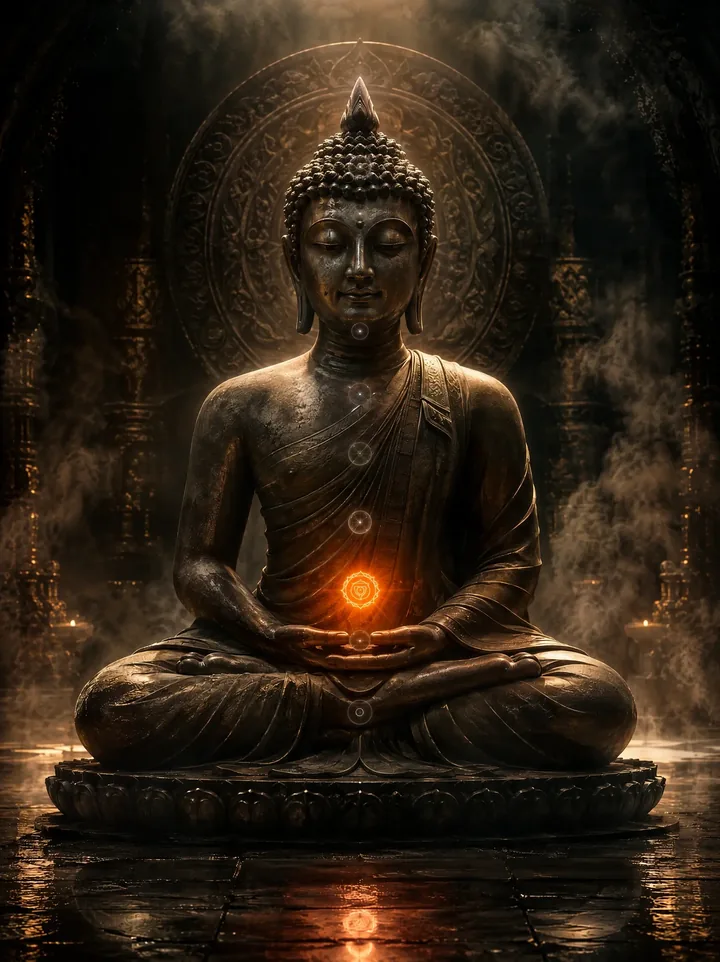 Statua di Buddha in meditazione, con il chakra sacrale illuminato di arancione