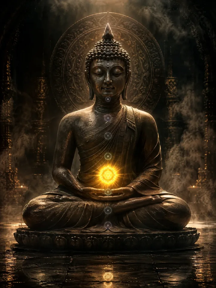 Statua di Buddha in meditazione, con il chakra del plesso solare illuminato di giallo