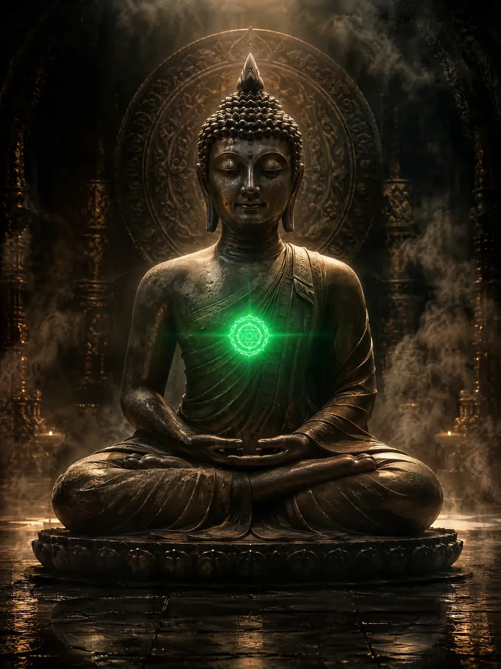 Statua di Buddha in meditazione, con il chakra del cuore illuminato di verde