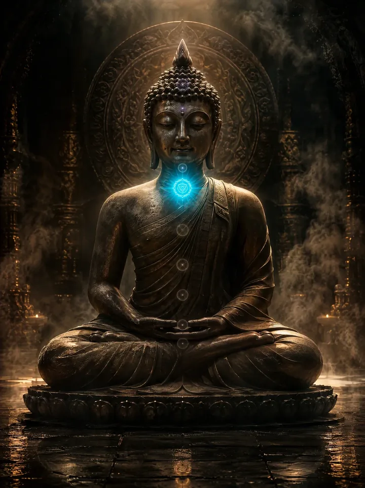 Statua di Buddha in meditazione, con il chakra della gola illuminato di blu
