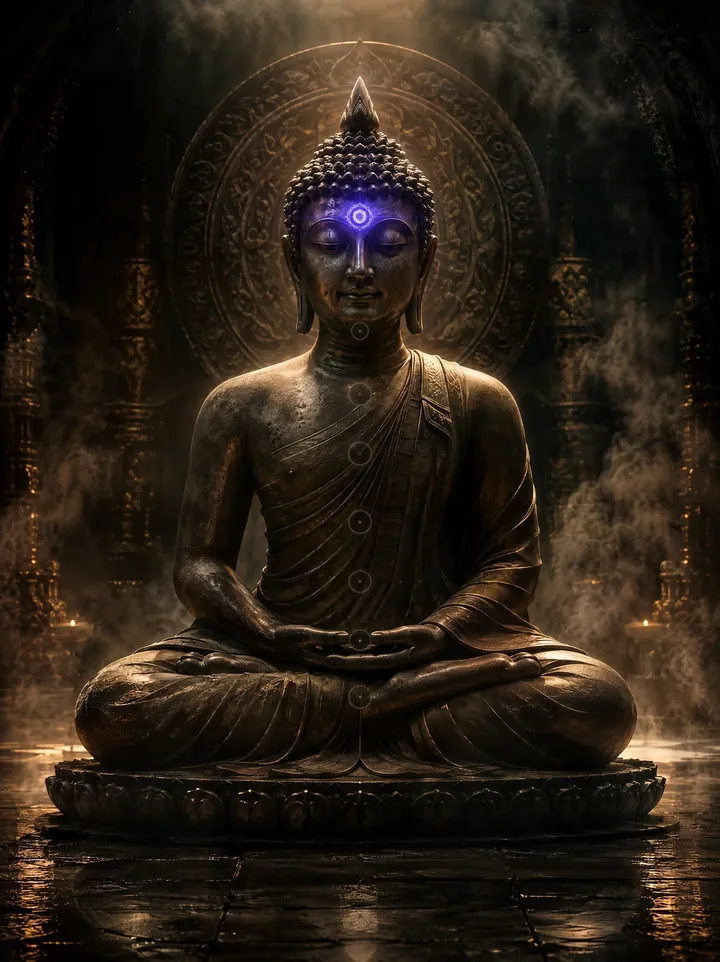 Statua di Buddha in meditazione, con il chakra del terzo occhio illuminato di indaco