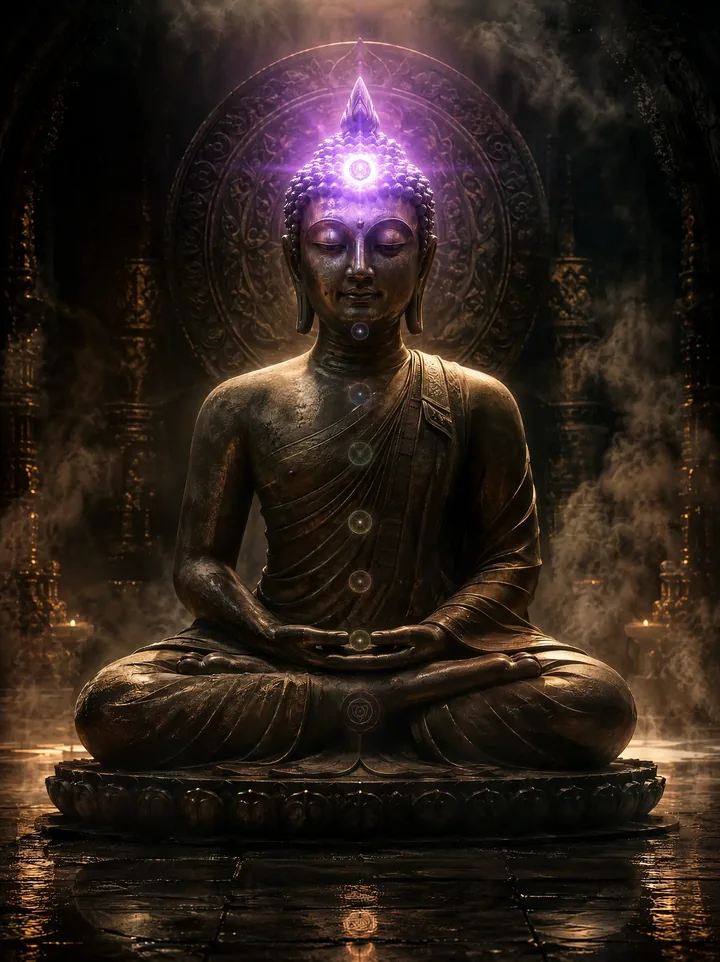 Statua di Buddha in meditazione, con il chakra della corona illuminato di viola sopra la testa